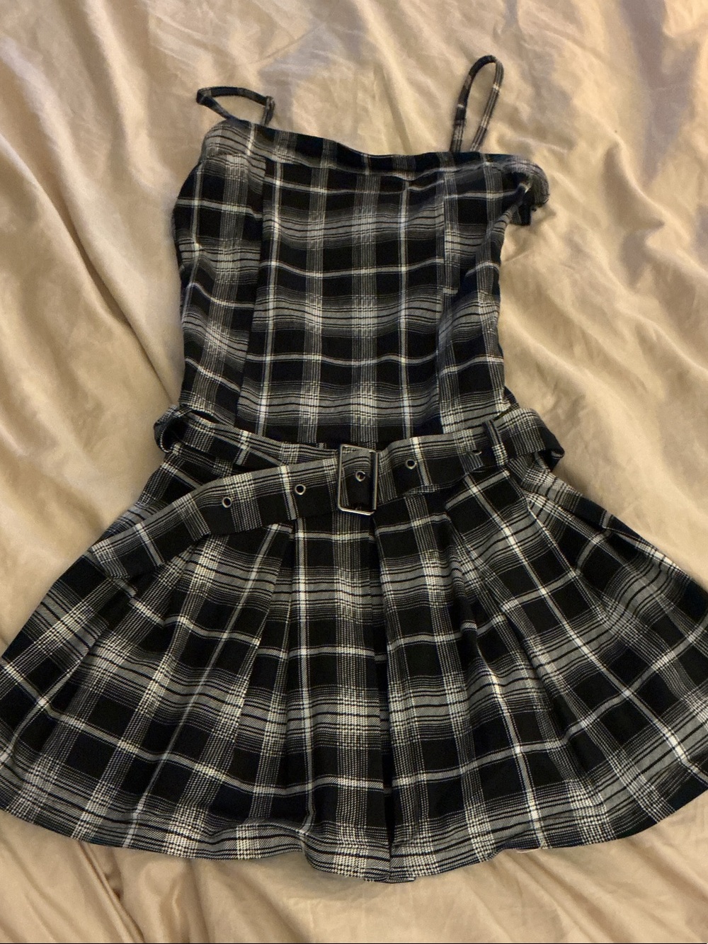 Jr Black & White Plaid Belted Skater Dress